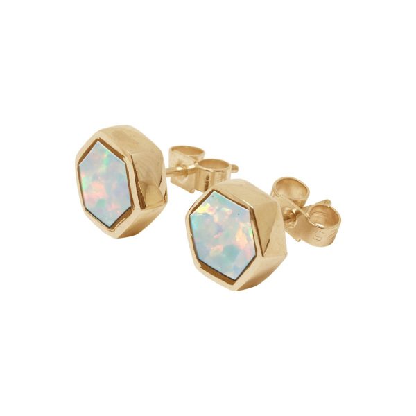 Yellow Gold Opalite Sun IceHexagonal Stud Earrings