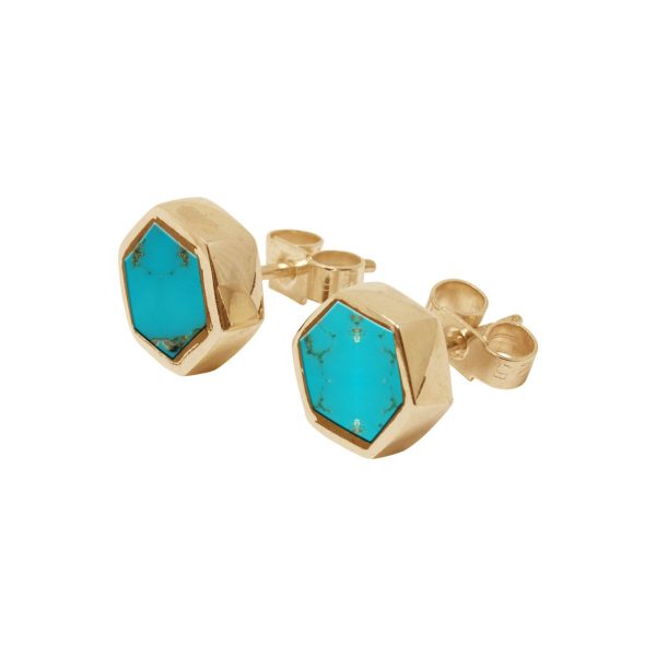 Yellow Gold Turquoise Hexagonal Stud Earrings