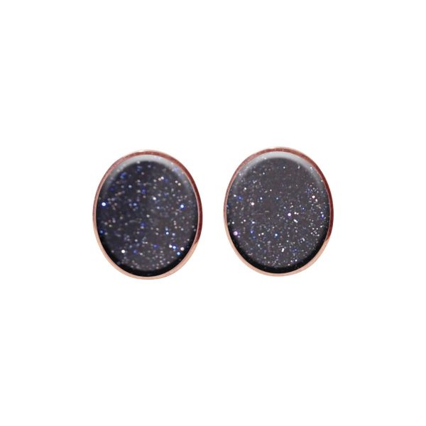 Rose Gold Blue Goldstone Oval Stud Earrings