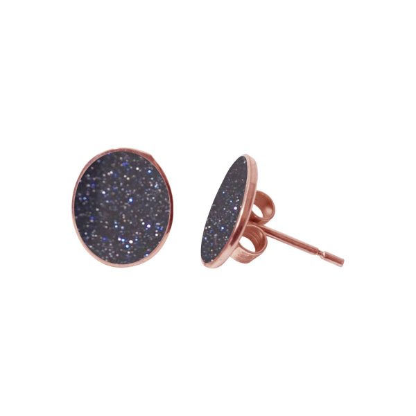 Rose Gold Blue Goldstone Oval Stud Earrings