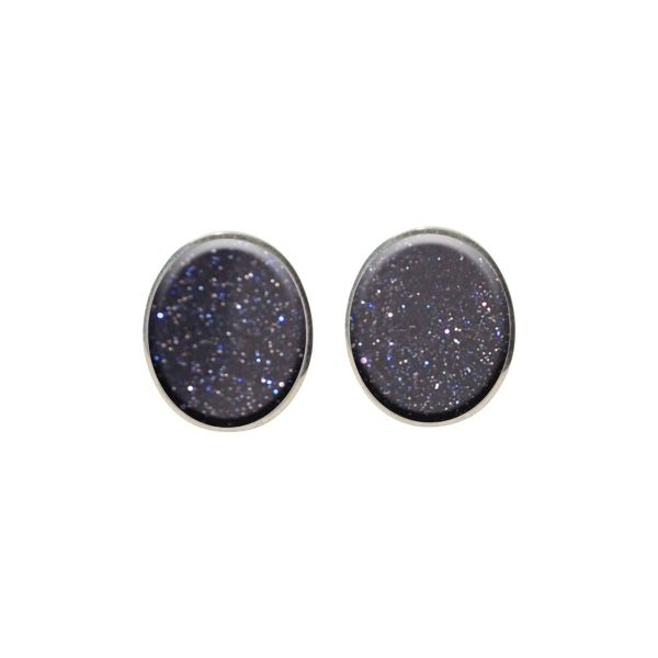 Silver Blue Goldstone Oval Stud Earrings