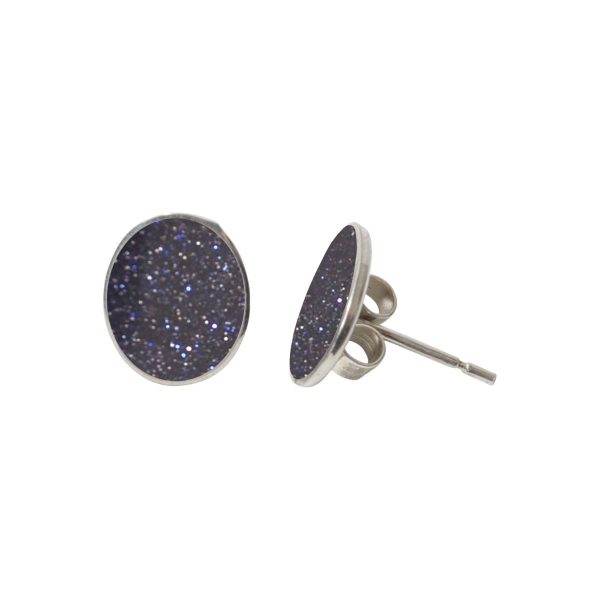 Silver Blue Goldstone Oval Stud Earrings