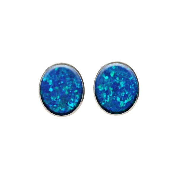 Silver Cobalt Blue Opalite Oval Stud Earrings