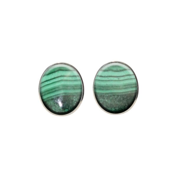 Silver Malachite Oval Stud Earrings