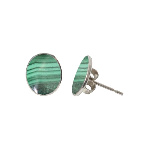 Silver Malachite Oval Stud Earrings