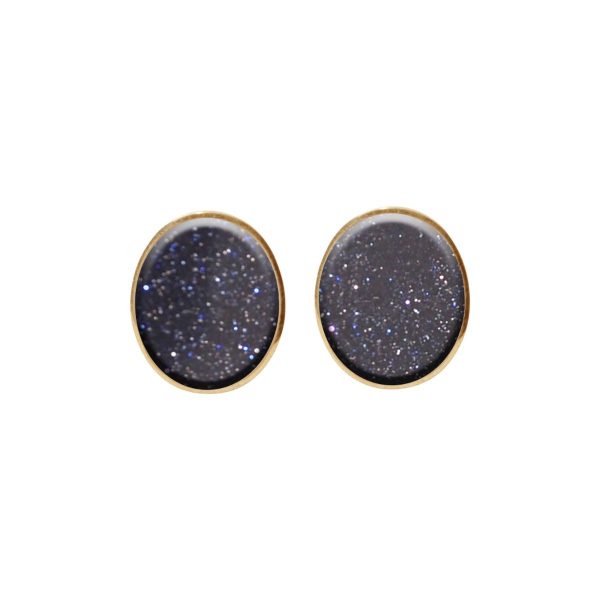 Gold Blue Goldstone Oval Stud Earrings