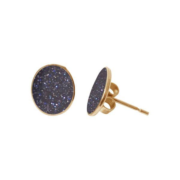 Gold Blue Goldstone Oval Stud Earrings