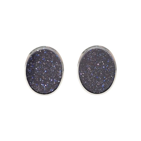 Silver Blue Goldstone Oval Stud Earrings