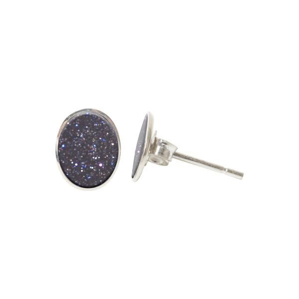 Silver Blue Goldstone Oval Stud Earrings