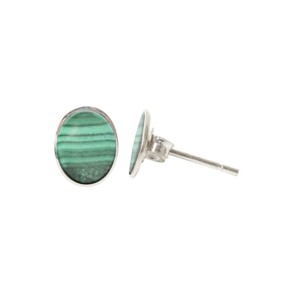 Silver Malachite Oval Stud Earrings