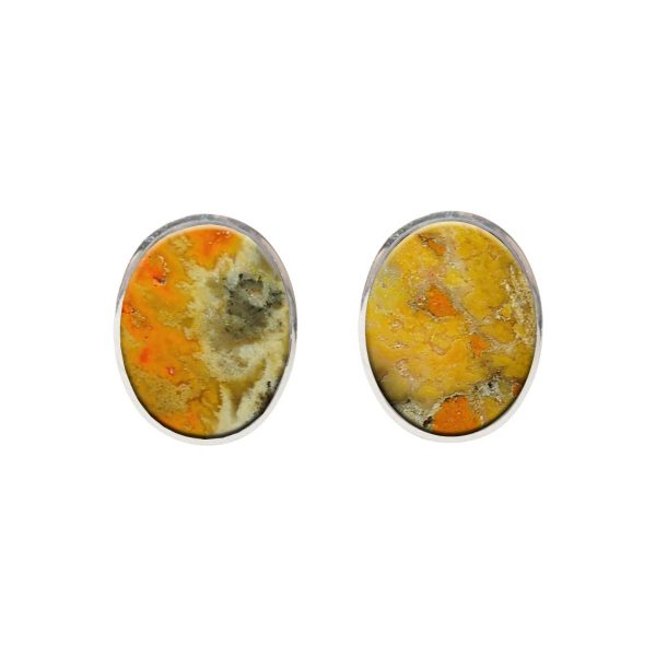 White Gold Bumblebee Jasper Oval Stud Earrings