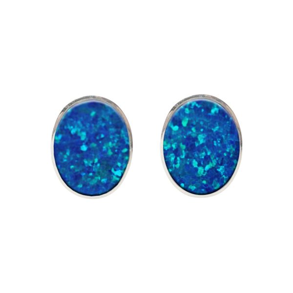 White Gold Opalite Cobalt Blue Oval Stud Earrings