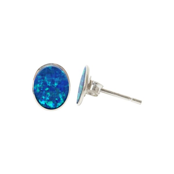 White Gold Opalite Cobalt Blue Oval Stud Earrings