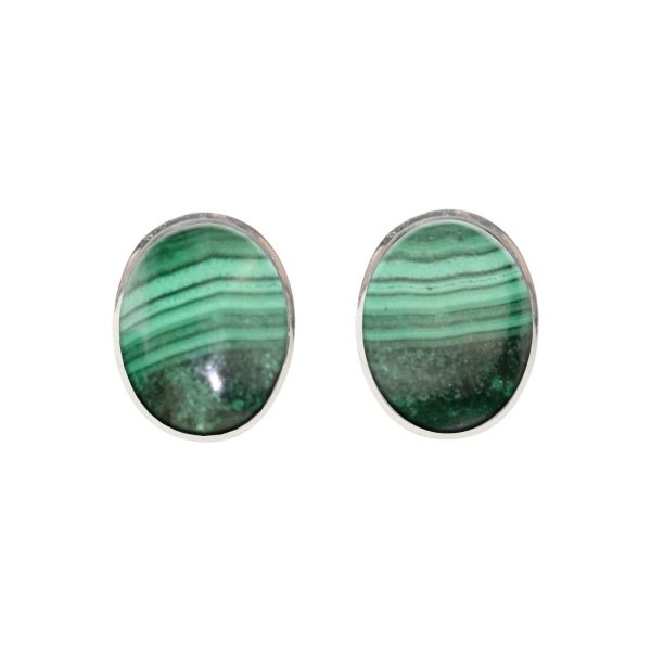 White Gold Malachite Oval Stud Earrings