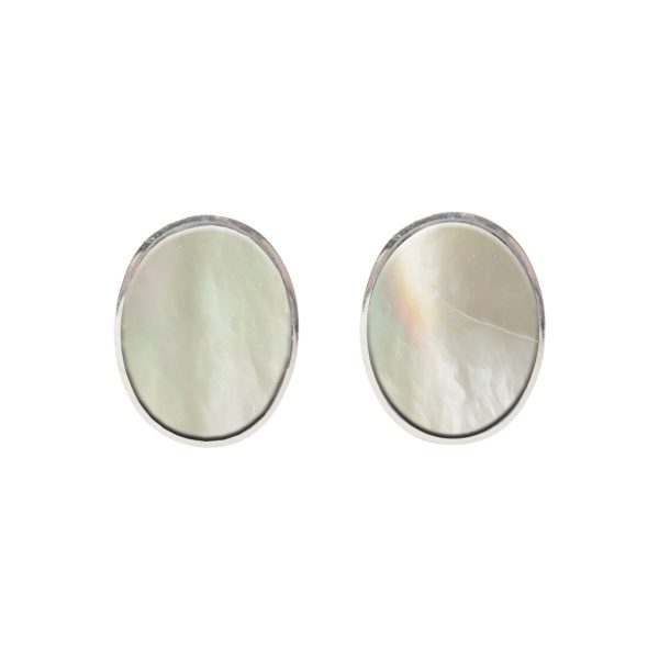 White Gold Mother of Pearl Oval Stud Earrings