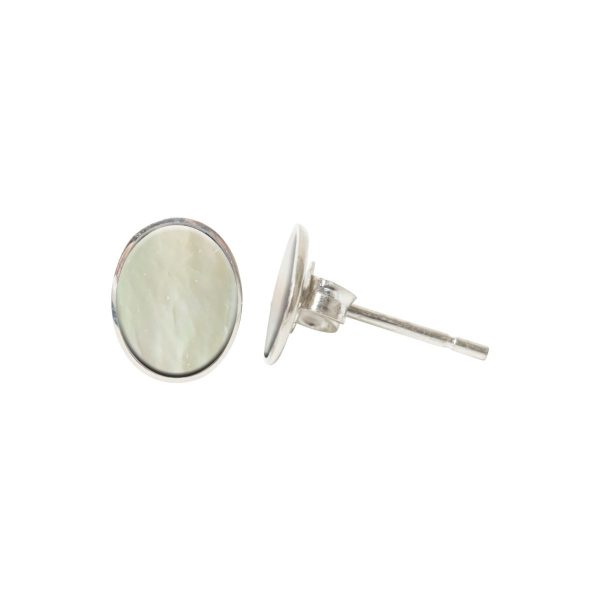 White Gold Mother of Pearl Oval Stud Earrings