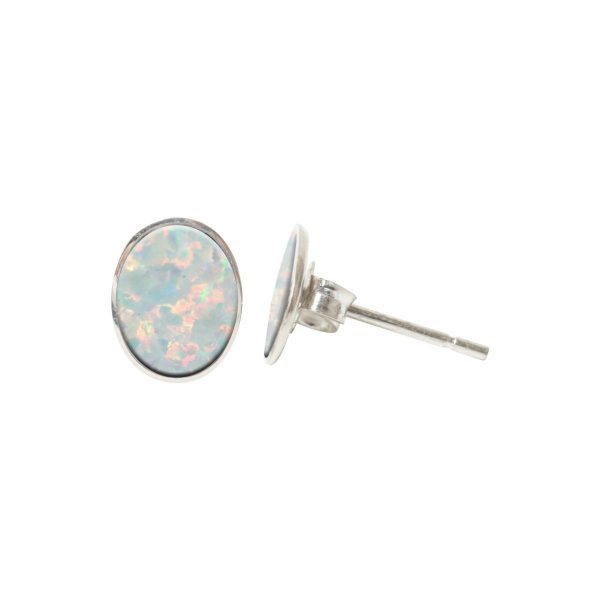 White Gold Opalite Sun Ice Oval Stud Earrings