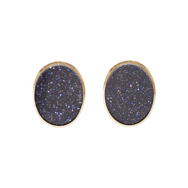 Gold Blue Goldstone Oval Stud Earrings