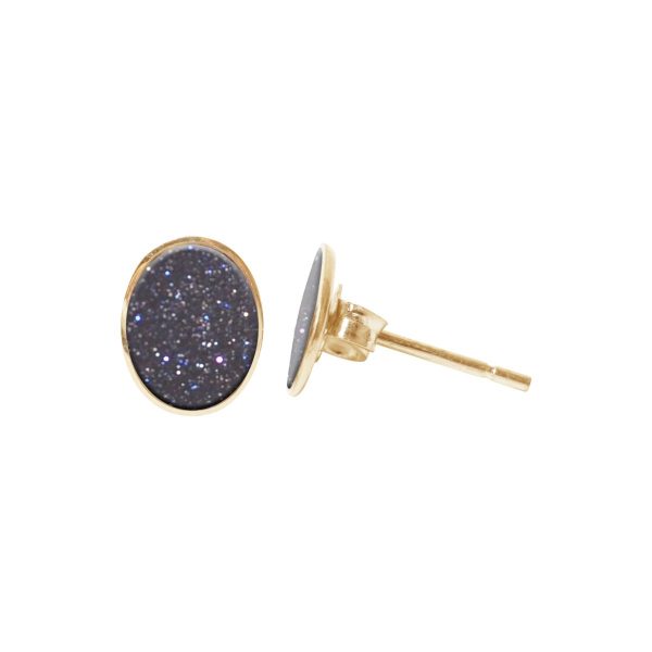 Gold Blue Goldstone Oval Stud Earrings