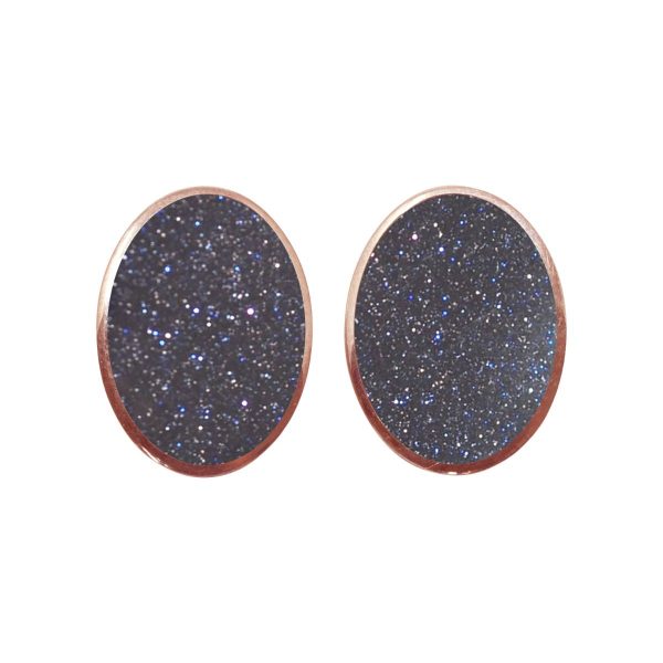 Rose Gold Blue Goldstone Oval Clip Earrings