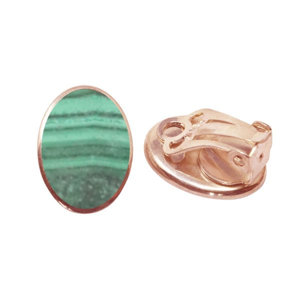 Rose Gold Malachite Oval Clip Earrings