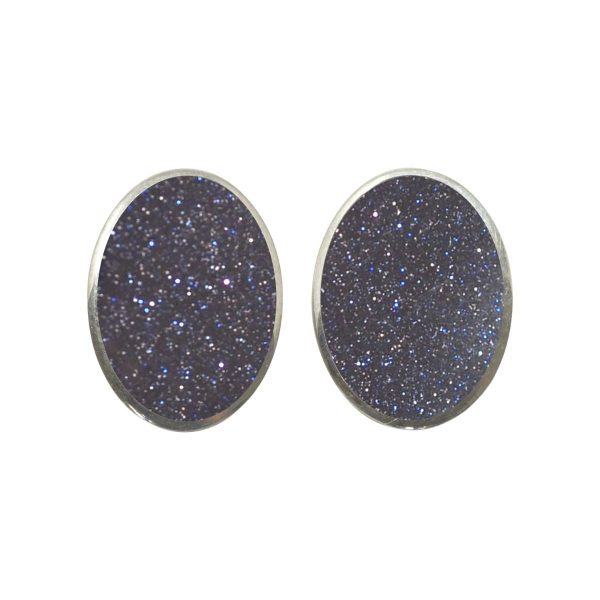 Silver Blue Goldstone Oval Clip Earrings