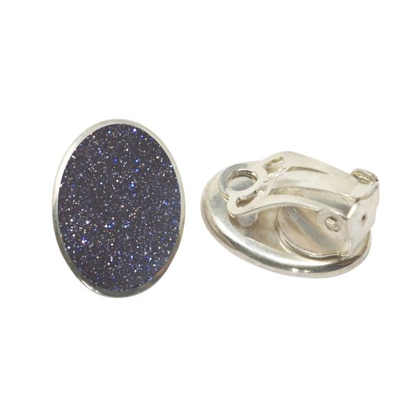 Silver Blue Goldstone Oval Clip Earrings