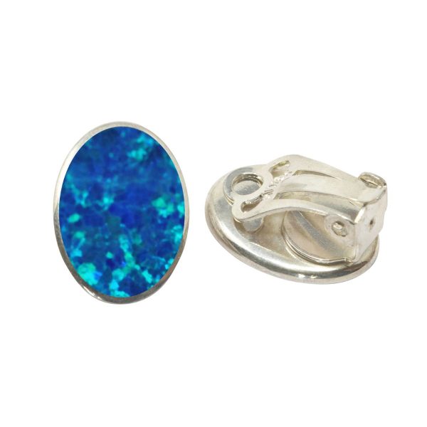 Silver Opalite Cobalt Blue Oval Clip Earrings