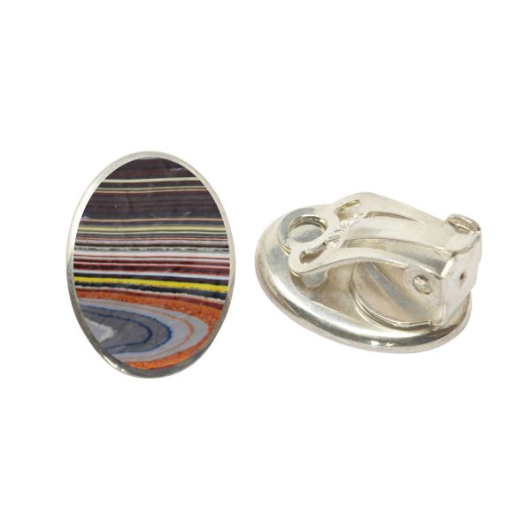 Silver Fordite Oval Clip Earrings