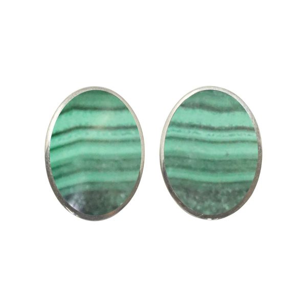 Silver Malachite Oval Clip Earrings