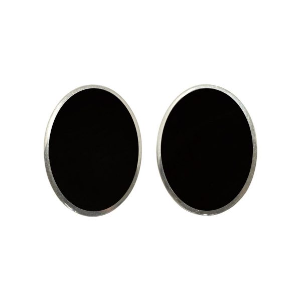 Silver Whitby Jet Oval Clip Earrings