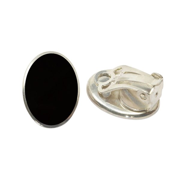 Silver Whitby Jet Oval Clip Earrings