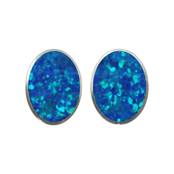 White Gold Opalite Cobalt Blue Oval Clip Earrings