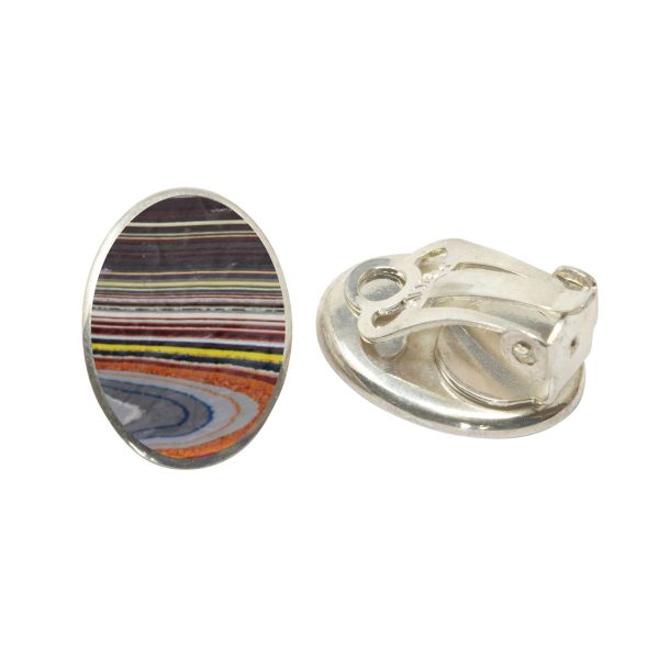 White Gold Fordite Oval Clip Earrings