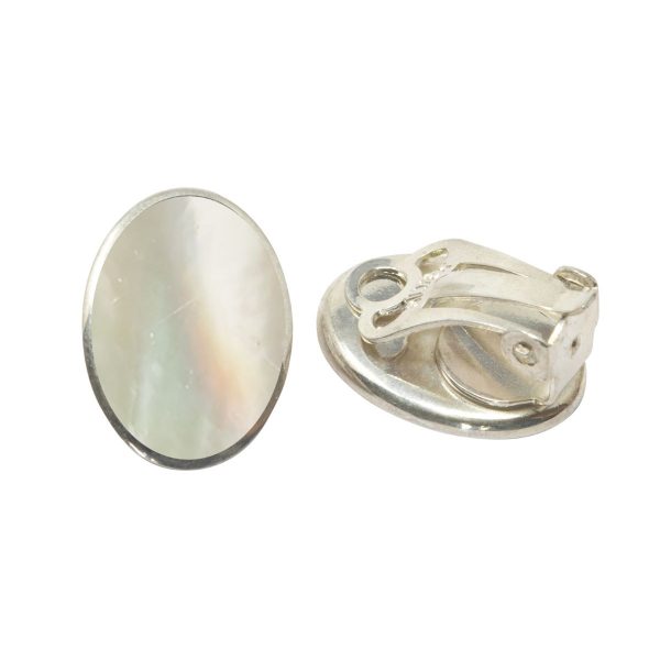 White Gold Mother of Pearl Oval Clip Earrings