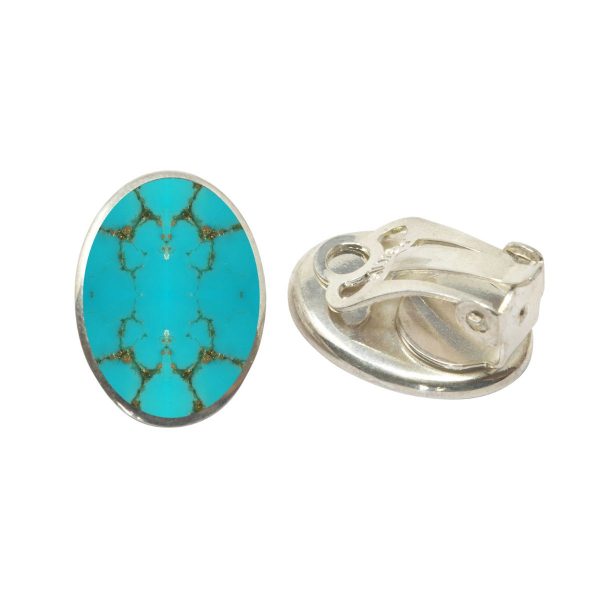 White Gold Turquoise Oval Clip Earrings