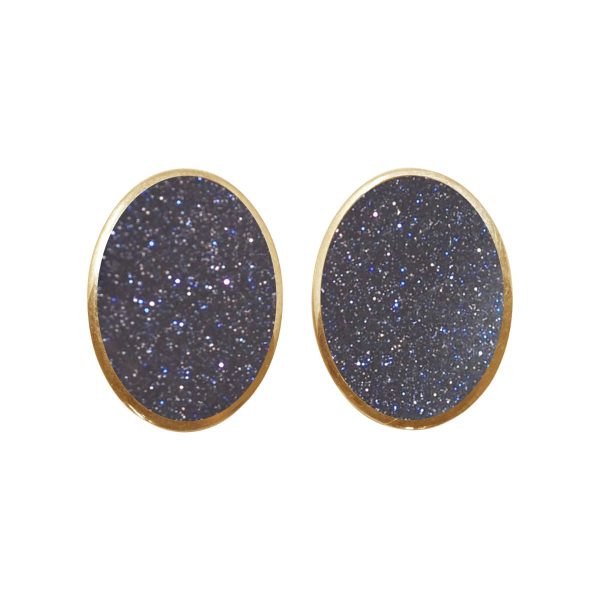 Yellow Gold Blue Goldstone Oval Clip Earrings