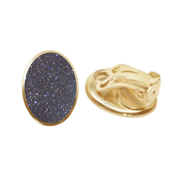 Yellow Gold Blue Goldstone Oval Clip Earrings