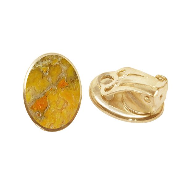 Yellow Gold Bumblebee Jasper Oval Clip Earrings