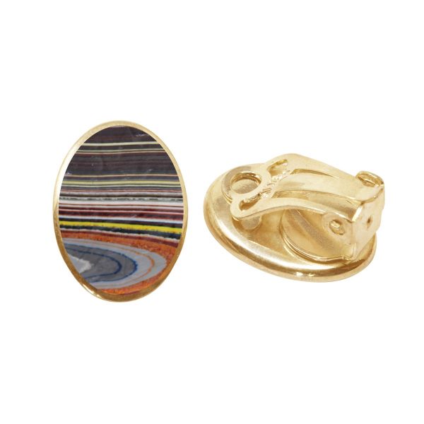 Yellow Gold Fordite Oval Clip Earrings