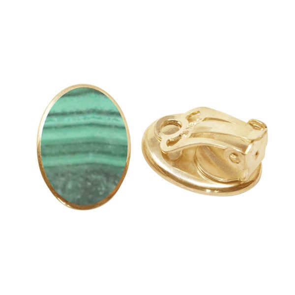 Yellow Gold Malachite Oval Clip Earrings