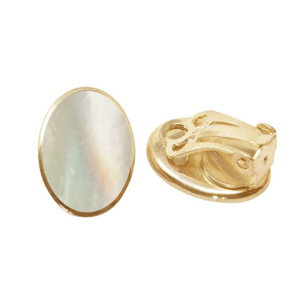Yellow Gold Mother of Pearl Oval Clip Earrings