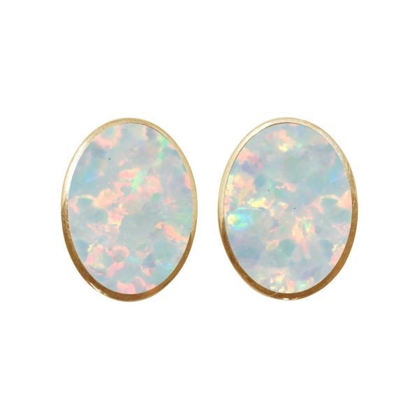 Yellow Gold Opalite Sun Ice Oval Clip Earrings