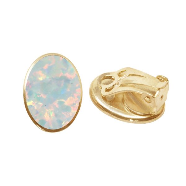 Yellow Gold Opalite Sun Ice Oval Clip Earrings