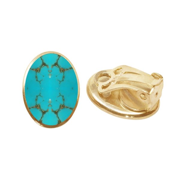 Yellow Gold Turquoise Oval Clip Earrings