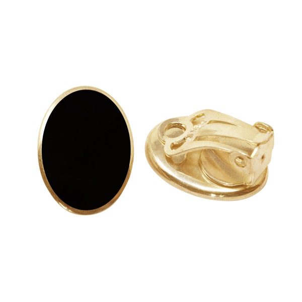 Yellow Gold Whitby Jet Oval Clip Earrings