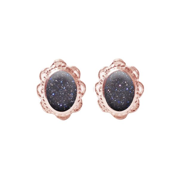 Rose Gold Blue Goldstone Oval Stud Earrings