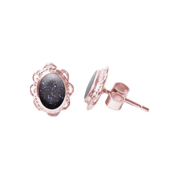 Rose Gold Blue Goldstone Oval Stud Earrings