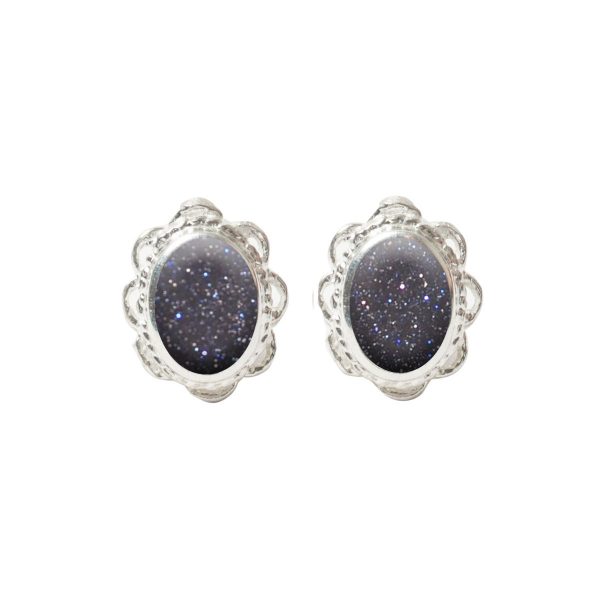 Silver Blue Goldstone Oval Stud Earrings