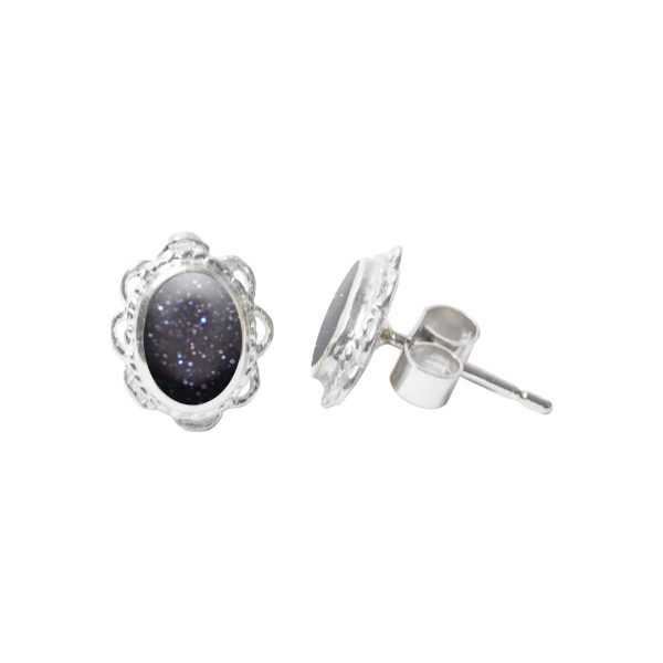 Silver Oval Blue Goldstone Stud Earrings